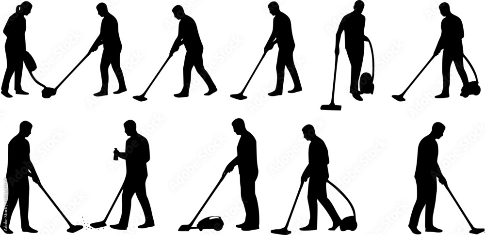 Naklejka premium set silhouette people vacuuming in different angles, vector