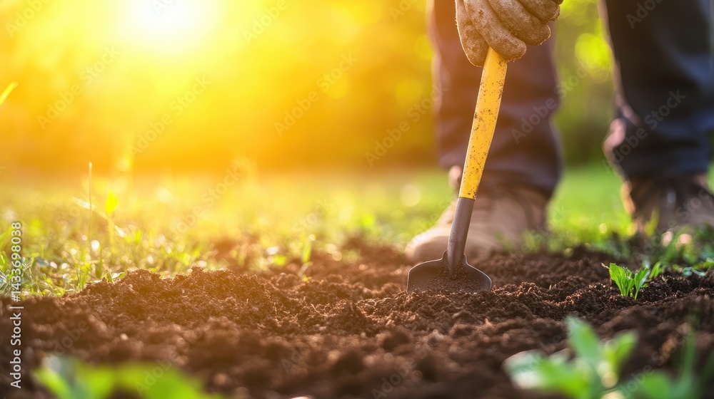 Gardening Tools in Action Under Warm Natural Light at Sunset
