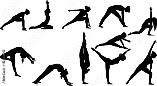 set of silhouettes of women doing yoga, stretching, vector