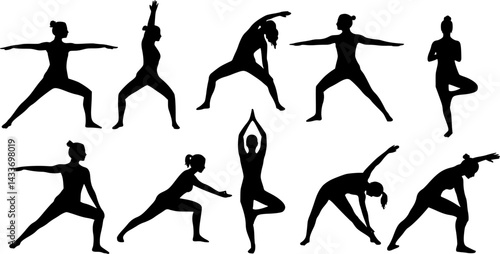 set of silhouettes of women doing yoga, stretching, vector