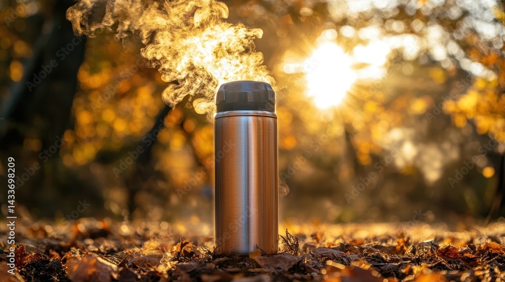 Glowing Thermos with Steam in Autumn Forest at Sunrise