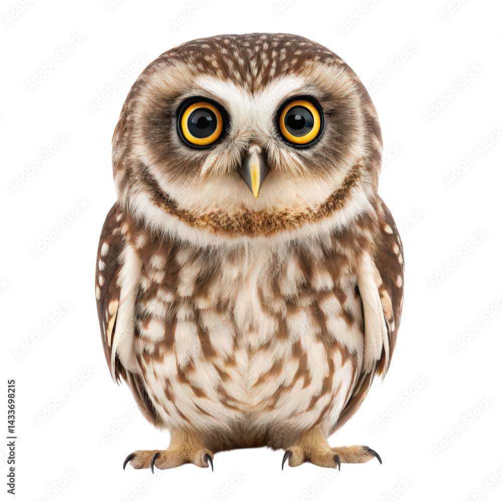 Naklejka premium A detailed depiction of a fluffy, round owl with striking big eyes and a patterned plumage, showcasing its natural beauty and charm.