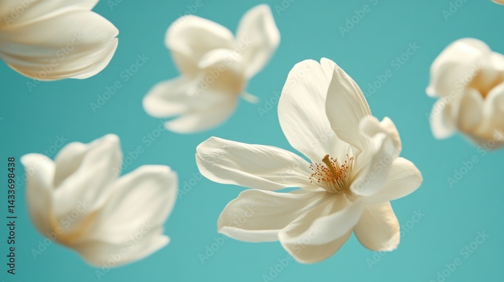 Fototapeta premium Delicate magnolia blossoms float gracefully against a teal backdrop.