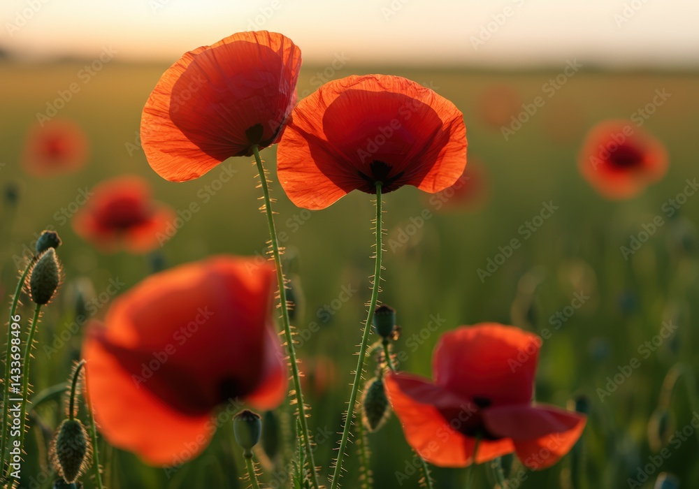Fototapeta premium Radiant red poppies glow in the warm light of the setting sun, in a serene summer field.