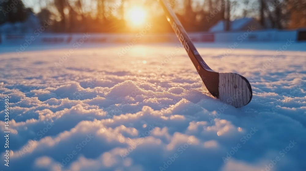 Hockey Stick Resting on Fresh Snow at Sunset Showing Winter Spirit