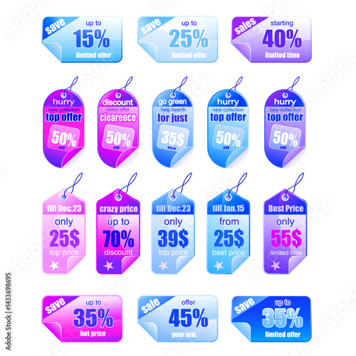 Fifteen distinct and colorful tags designed to promote sales and special offers. Includes various layouts and price reduction indicators.