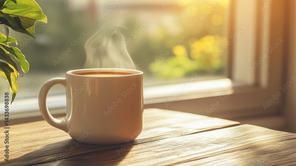 Hot Coffee Mug on Table with Natural Light and Cozy Atmosphere