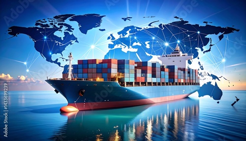 Industrial Cargo Ship with Transparent Containers Moving Across Globe Connectivity Map