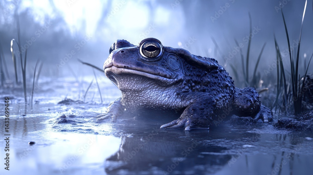 Majestic Frog Resting on Misty Pond Surrounded by Lush Grass