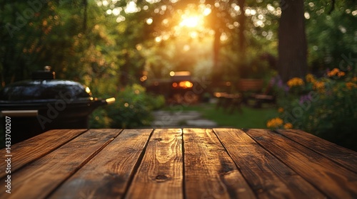 Fototapeta Naklejka Na Ścianę i Meble -  Wooden table surface with blurred outdoor background featuring trees and sunlight.