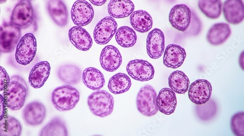 Microscopic View of Purple Cellular Structures Under Magnification