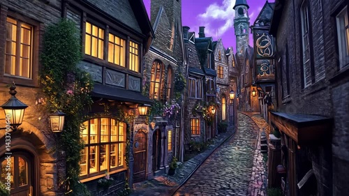 Charming Diagon Alley at Dusk with cobblestone street and vintage architecture