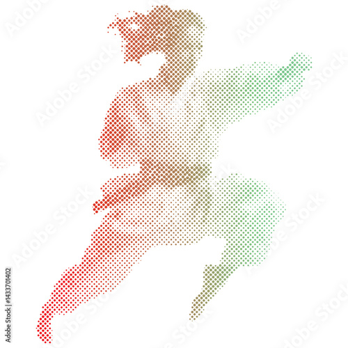Karate woman in a kimono uniform with gradient halftone
