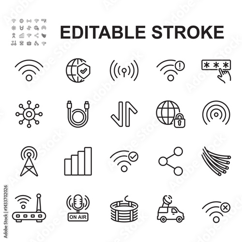 Network and internet icons collection. Thin line style vector, contains icons such as wifi, cellular data, LAN cable.
