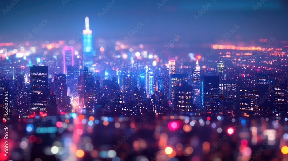 Fototapeta premium A blurry, nighttime view of a city skyline with tall buildings and bright lights.