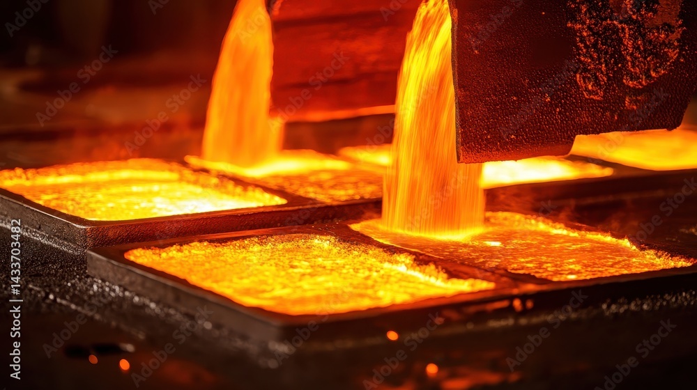 Molten Metal Pouring Into Molds in a Foundry Environment