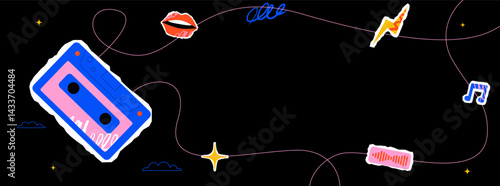 Vivid retro-style illustration with cassette tape, lips, lightning, musical note and sound wave symbol and abstract doodles. Template design for music and podcast themes