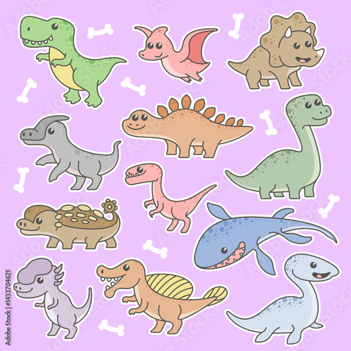 cute cartoon dinosaurs doodle set