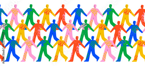 A bright crowd of abstract human figures walking and holding hands. A symbol of society, unity, cohesion and interaction.