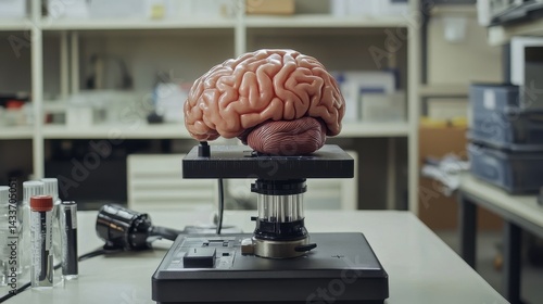 Obraz na płótnie Realistic Anatomical Model of Human Brain on Microscope Stage w salonie