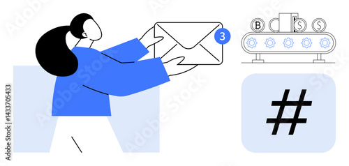 Wallpaper Mural Woman receiving emails with notification badge, automation settings, and metadata tag symbol. Ideal for communication, email marketing, automation, technology, organization, trends simple landing Torontodigital.ca
