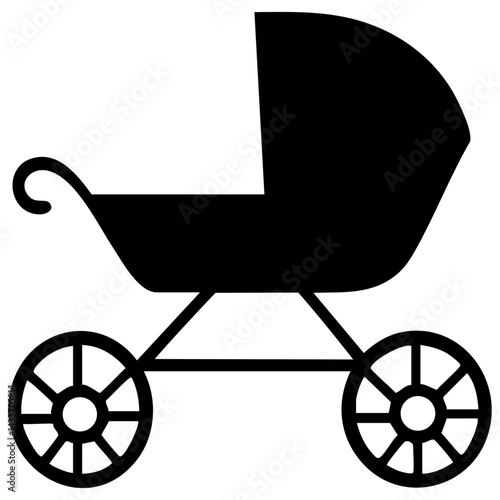 Black vector silhouette of a baby stroller on a white background