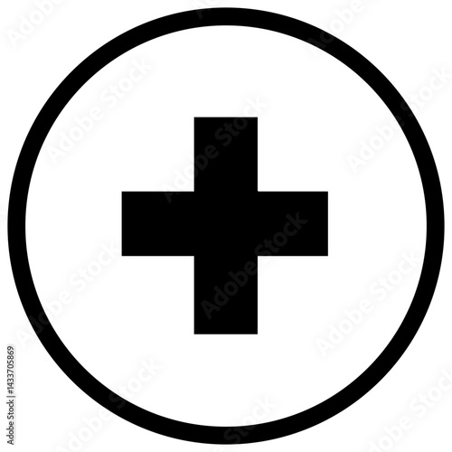 Black vector silhouette of a medical cross symbol against a simple circle design