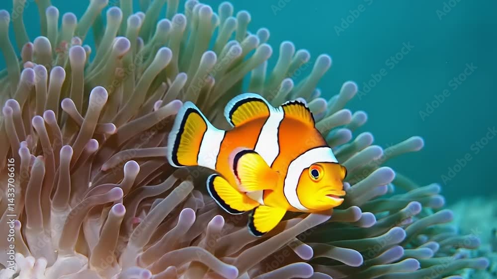 Vibrant orange fish nestled in a sea anemone Vibrant orange fish nestled in a sea anemone