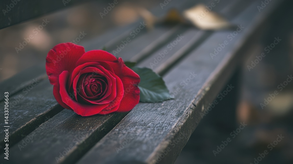Single Red Rose on Wooden Bench in Tranquil Outdoor Setting