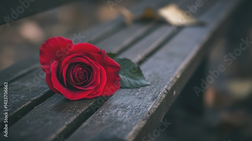 Obraz na płótnie Single Red Rose on Wooden Bench in Tranquil Outdoor Setting w salonie