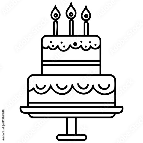 Stylish black vector silhouette of a layered birthday cake with candles