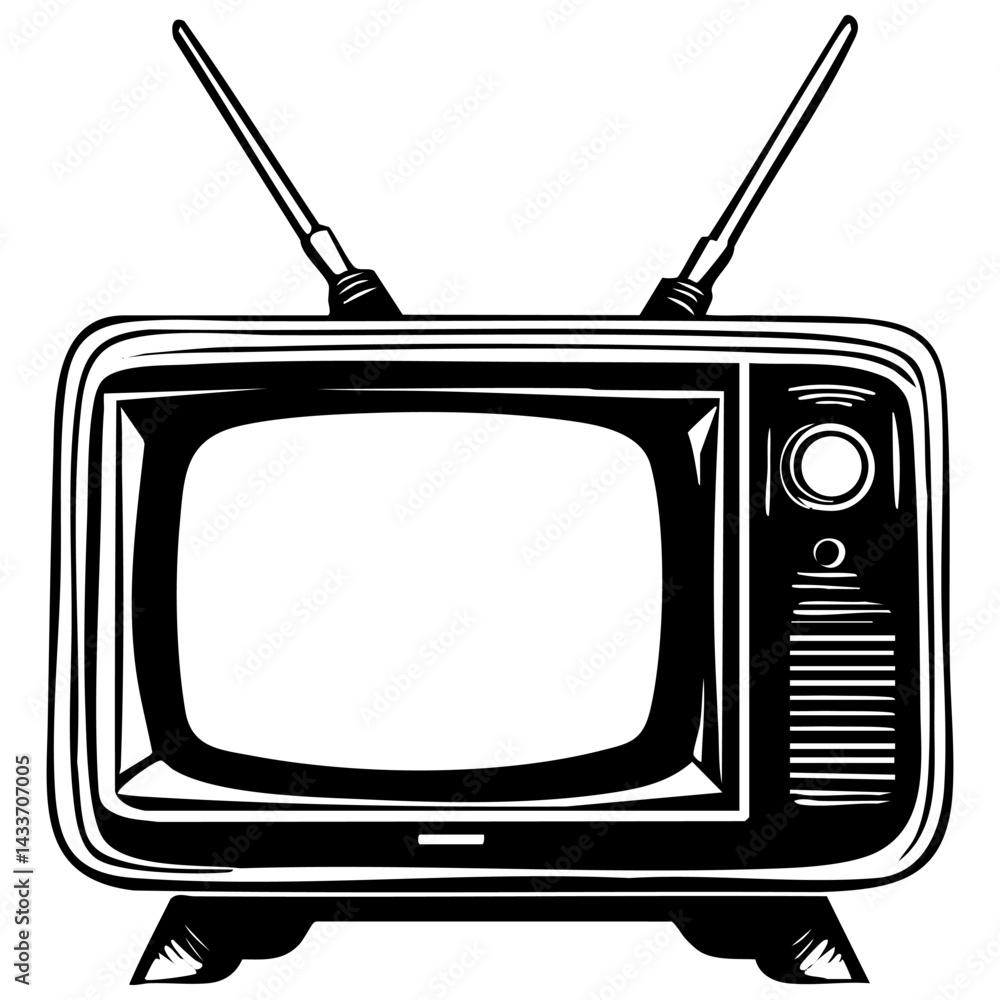 Vintage black silhouette of a retro television with antennas on a white background