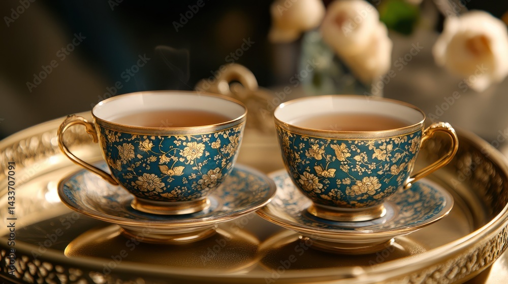 Fototapeta premium Tea cups sit, steam rising, showing elegance, warm welcome, refined style, golden reflections creating delicate mood.