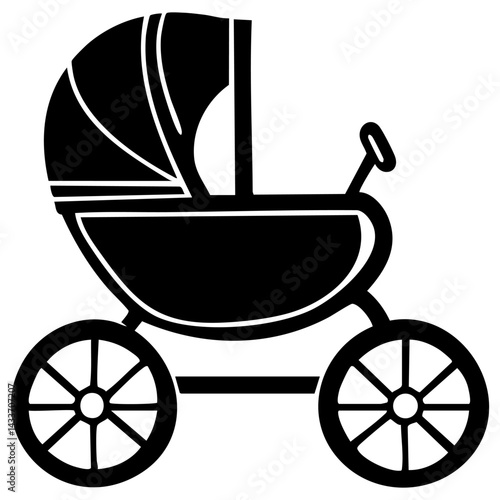Unique black vector silhouette of a vintage baby stroller with detailed wheels and canopy