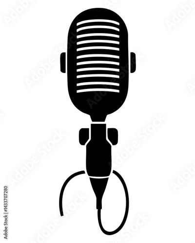 Black vector silhouette of a classic microphone on a white background for audio and music themes