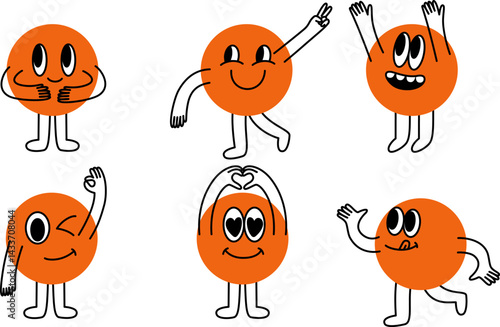Abstract stickers and vector logo line icons and graphic elements for advertising, branding, posters and banners, fun cartoon illustrations with smiling characters and mascots,