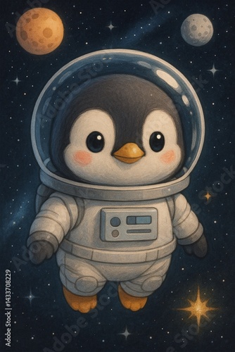 Cute Little Penguin Astronaut Character in Space