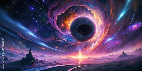 A cosmic journey captured in graffiti form, with a black hole and glowing neon lines that pop against the dark, infinite backdrop