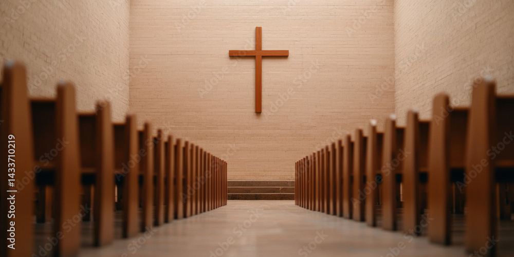 Naklejka premium A serene interior view of a church, featuring wooden pews facing a prominent cross on the wall, highlighting simplicity and spiritual ambiance.
