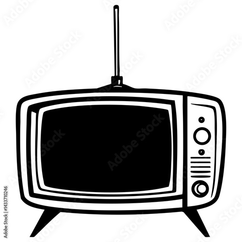 Vintage black silhouette of a retro television set with antenna and knobs