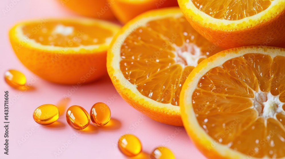 Fototapeta premium Orange slices sit near vitamin C capsules, capturing wellness, refreshing flavors, healthy nutrition concepts.