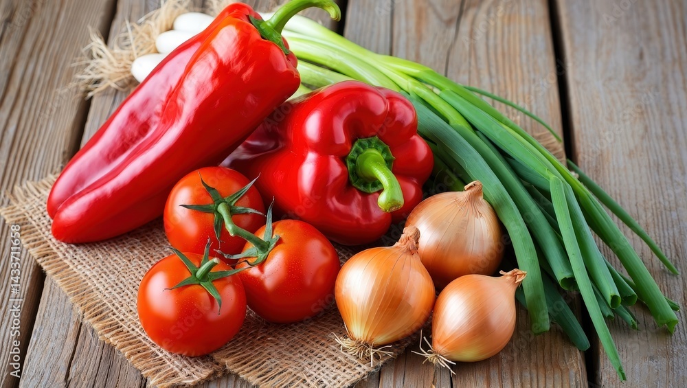 A variety of fresh vegetables on display, including red peppers, yellow squash, green onions, and tomatoes, arranged neatly on a wooden surface. A variety of fresh vegetables on display, including red peppers, yellow squash, green onions, and tomatoes, arranged neatly on a wooden surface.