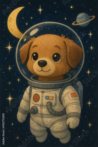 Cute Little Dog Astronaut Character in Space