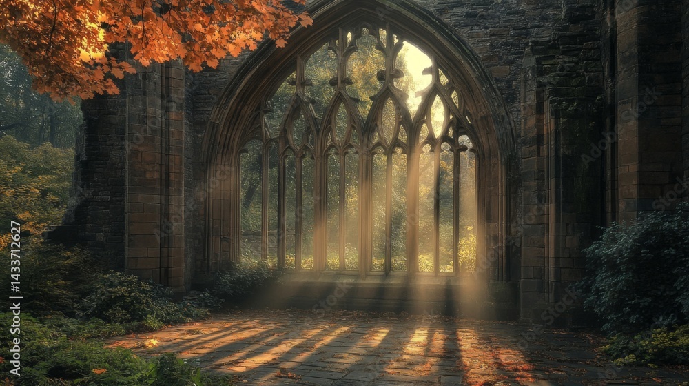 Obraz premium Autumn Sunlight Streaming Through Ruins Window