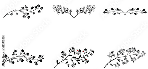 Twig of coral limonium flower hand drawn line art silhouette vector set desgn