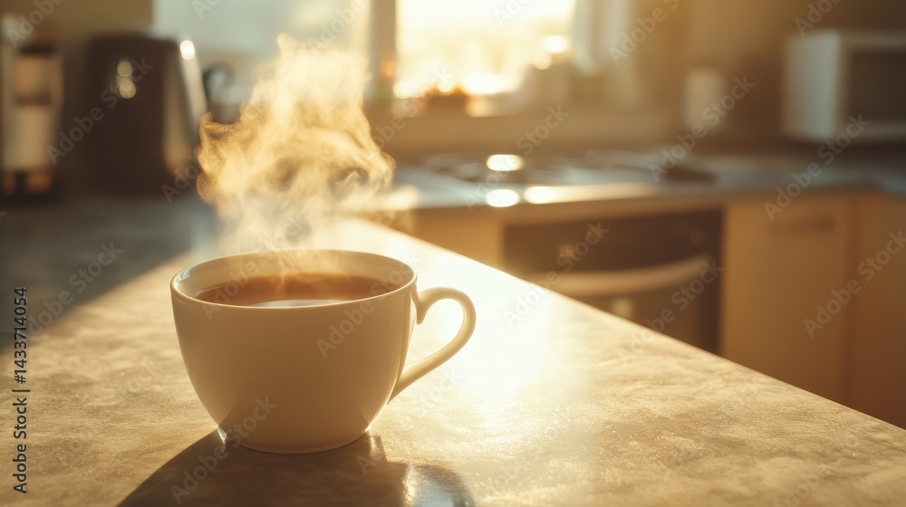 Warm Coffee Cup with Steam in Bright Kitchen During Morning Light