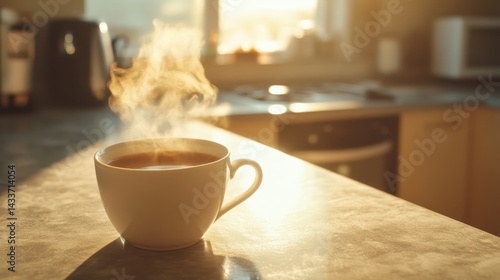 Obraz na płótnie Warm Coffee Cup with Steam in Bright Kitchen During Morning Light w salonie