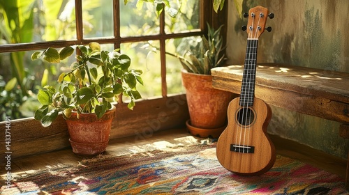 Obraz na płótnie Warm Sunlight and Ukulele in Cozy Indoor Setting with Plants w salonie