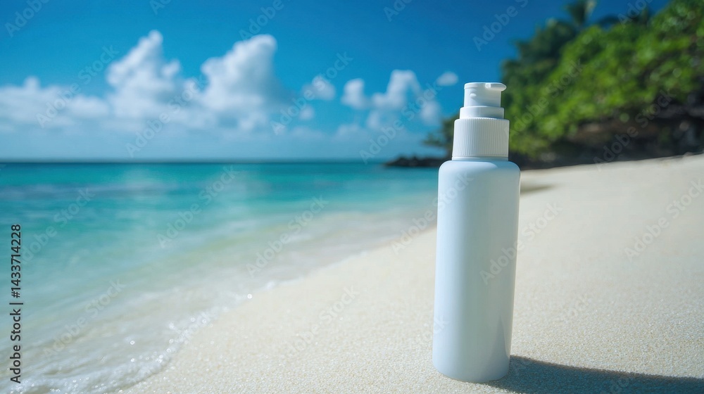 White Bottle on Sandy Beach with Beautiful Ocean and Sky Background