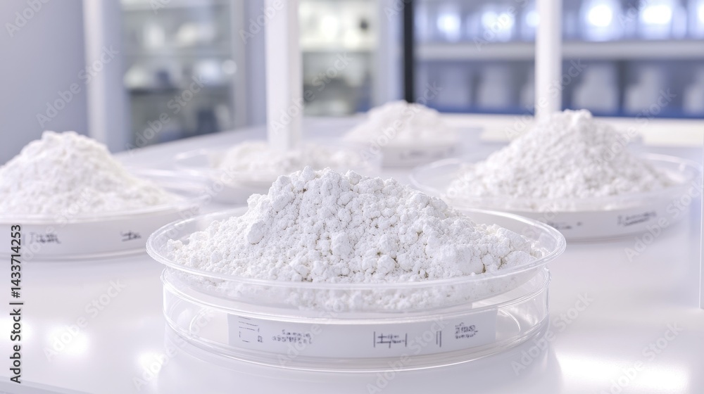 White Powder Samples Displayed in Laboratory with Clear Containers